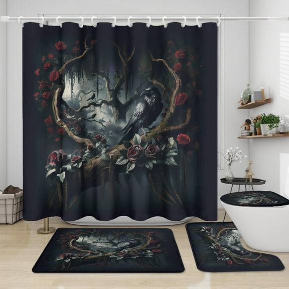 Watercolor Animal Raven Shower Curtain Sets 4 Pcs,Retro Misty Fairy Tale Forest Floral Red Roses Wildlife Crow Bathroom Decor with Rugs Include Waterproof Non-Slip Toilet Lid Cover Bath Mat