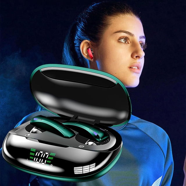 Auriculares inalámbricos impermeables Micrófono incorporado con estuche de carga Pantalla LED de batería Baja latencia para juegos ejercicio - Verde