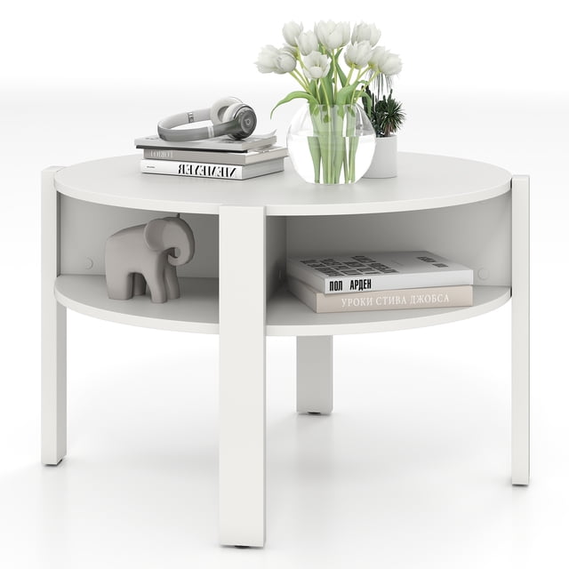 Patiojoy Table Basse Ronde avec 4 Compartiments Latéraux Table Basse Circulaire à 2 Niveaux Blanc