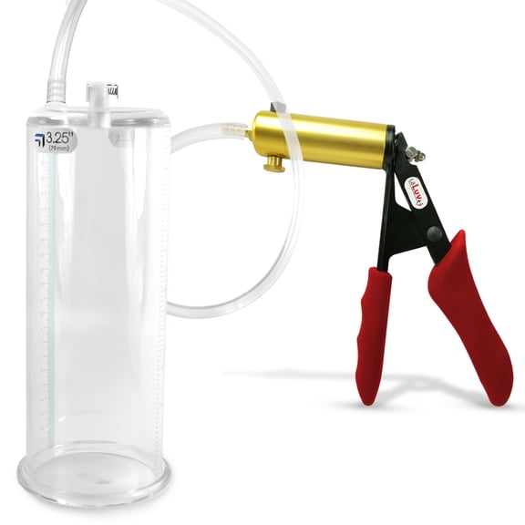 LeLuv Ultima Penis Pump, Brass w/ Red Handle, Silicone Grip, Clear Hose | 9" x 3.25" Cylinder