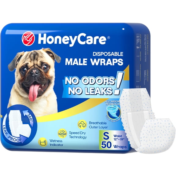 Honey Care All-Absorb A26 Disposable Male Dog Wrap, 50 Count, Small,Super Absorbent, Breathable