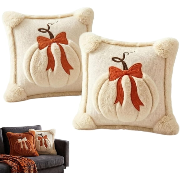 Fall Throw Pillow Covers 18x18 Set of 2, Polyester Pumpkin Bow Embroidered Pillowcase for Sofa Bed