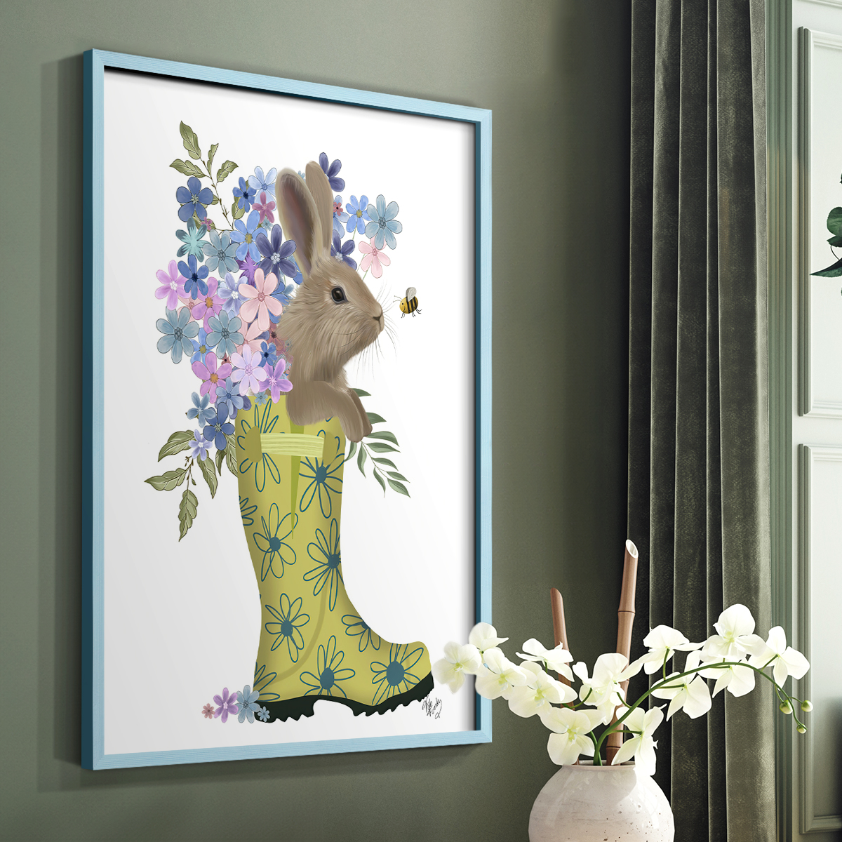 Welly Bunny And Bee Framed Print in Blue Solid Wood 8 x 10 Framed Print
