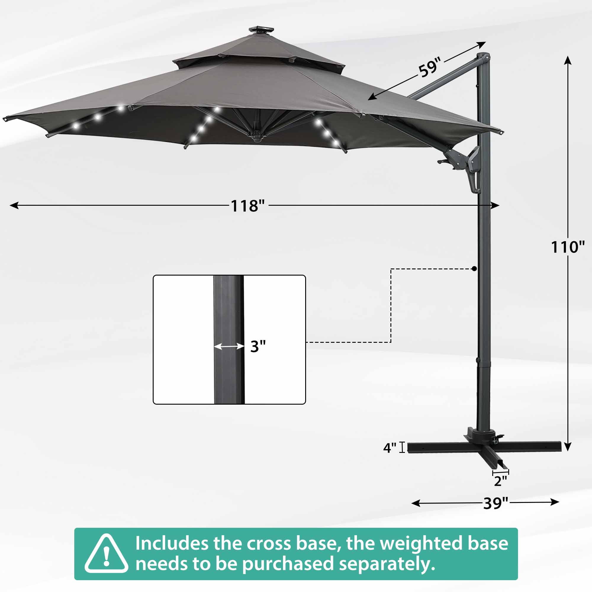 Autlaycil 10' Patio Cantilever Umbrella with Solar Lights, 5 Years Fade Resistance, Aluminum Offset Umbrella with 360-degree Rotation, Grey