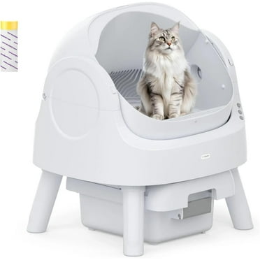Self Cleaning Cat Litter Box for Multiple Cats, Open Top Litter Box with Liners and Mat Included, White