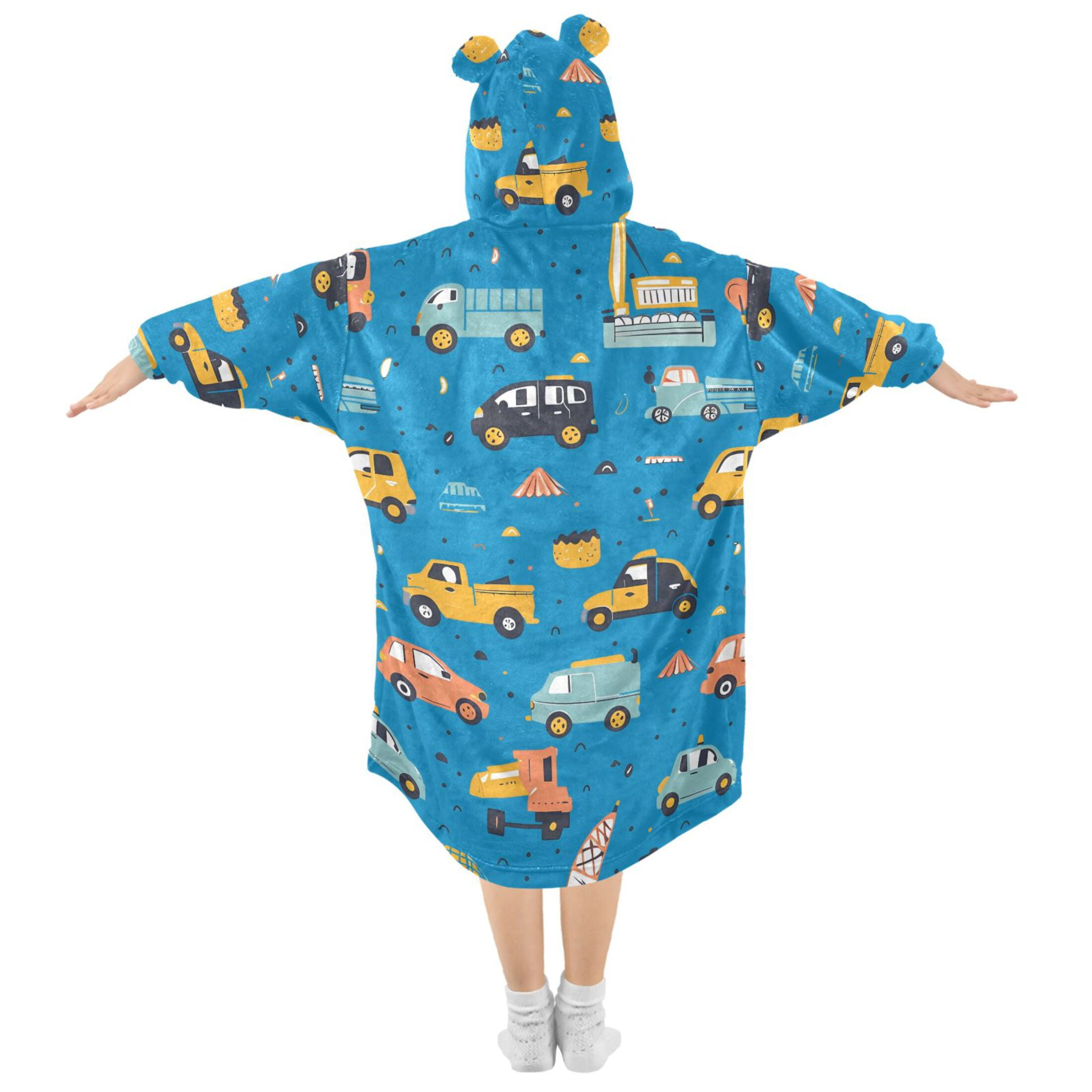 joogoo Wearable Blanket Hoodie for Kids Cartoon Trucks Cars on Blue Flannel Oversized Sweatshirt 3-14 Years S