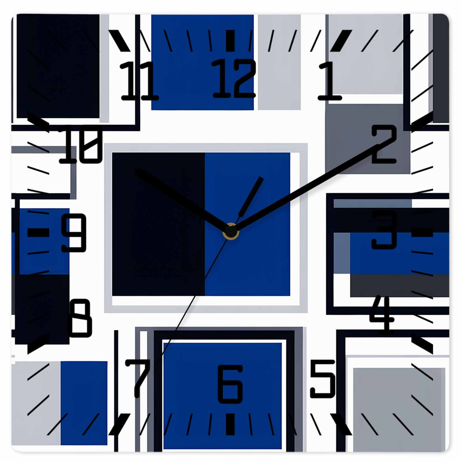Blue Grey Geometric Wooden Wall Clock Silent Non Ticking, Abstract Art Irregular Contemporary Square Wall Clocks Battery Operated, Decor Clock for Home Office, Living Room, Kitchen, 12 Inch