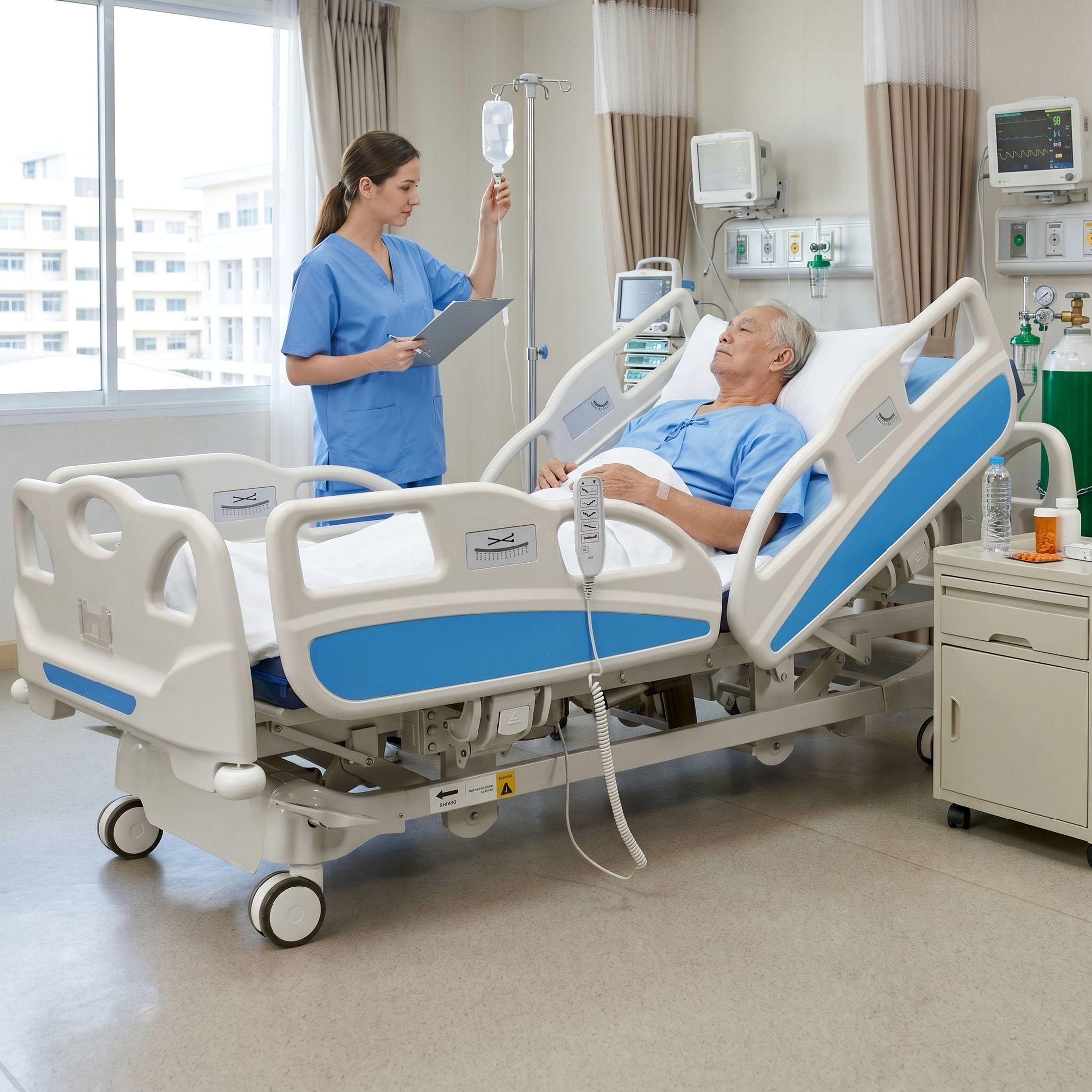 Naipo Premium 5 Function Full Electric ICU Hospital Bed with 4-inch Mattress, IV Pole and 5-inch Locking Casters for Home Use, 530LBS Loading