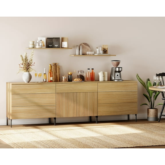 94.5" Modern Reeded Minimalist Sideboard with Drawers and Doors, 3-In-1 Wooden Credenza Storage Cabinet for Kitchen, Dining Room