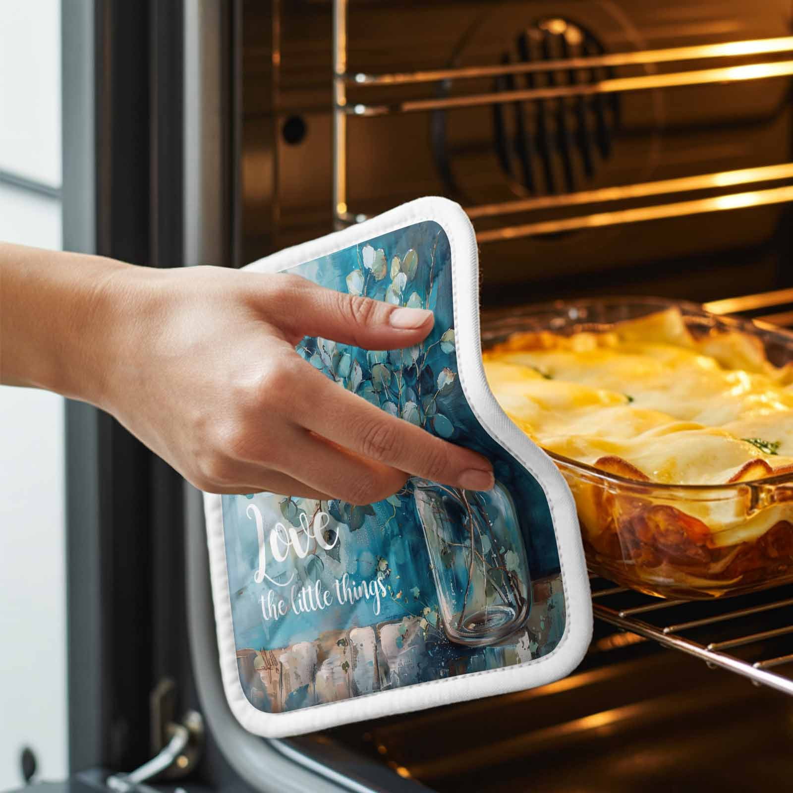 Blue Teal Spring Floral Pot Holders for Kitchen Heatproof Potholder, 5 Pack Modern Botanical Oil Painting Art Hot Pads Multipurpose Oven Pads Cloth Potholders Trivet for Cooking Baking
