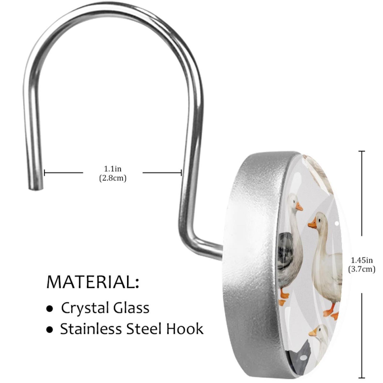 Black White Indian Runner Ducks Shower Curtain Hooks Round Crystal Glass, Set of 12 Shower Curtain Rings - Shower Hooks for Curtain Shower Rings