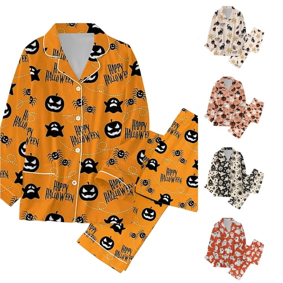 Weebloom Halloween Fall Winter Pajamas For Women Pumpkin Pajamas Holiday Pajamas Classic Button Down Long Sleeve Satin Pajama Set Sleepwear Nightwear Pjs Loungewear Yellow M