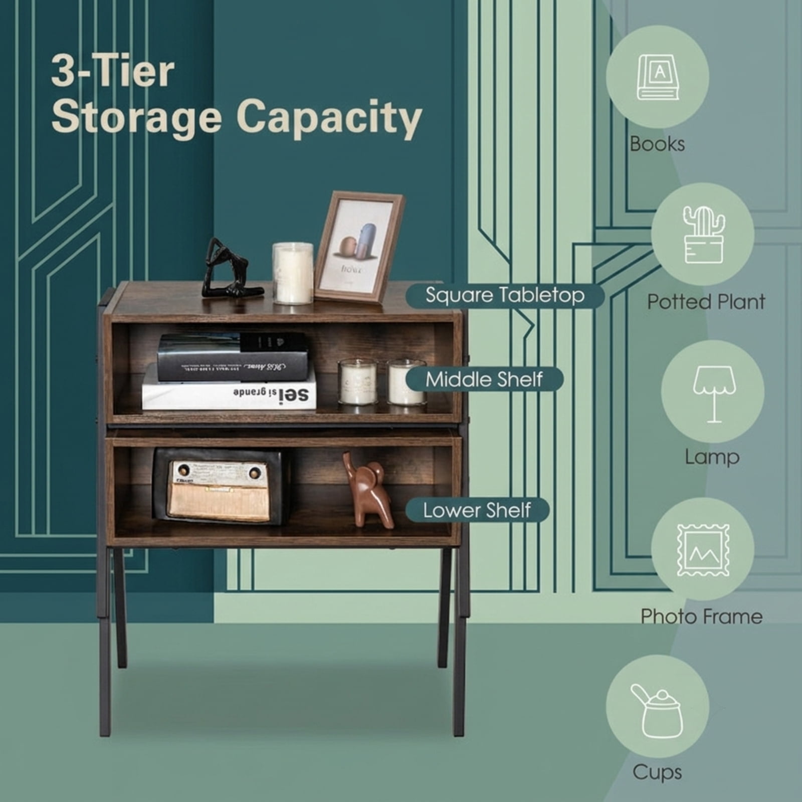 Furnibear 1 Piece Stackable Night Stand Shelf Accent Table with Metal Frame for Bedroom Living Room Bedside Sofa Side Small Space, Coffee
