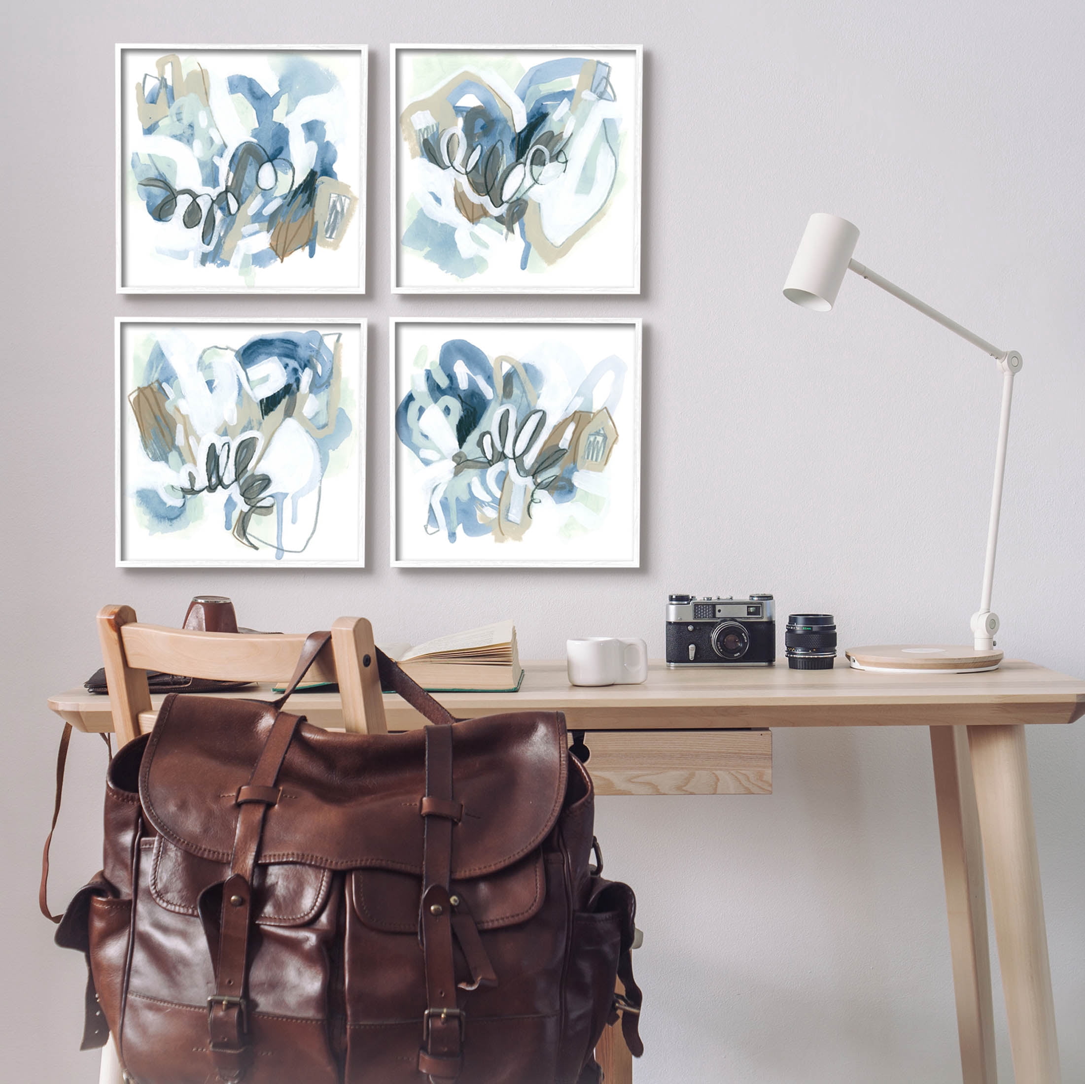 Stupell Industries Abstract Blue Squiggle Collage Painting White Framed Art Print Wall Art, Set of 4, Design by June Erica Vess