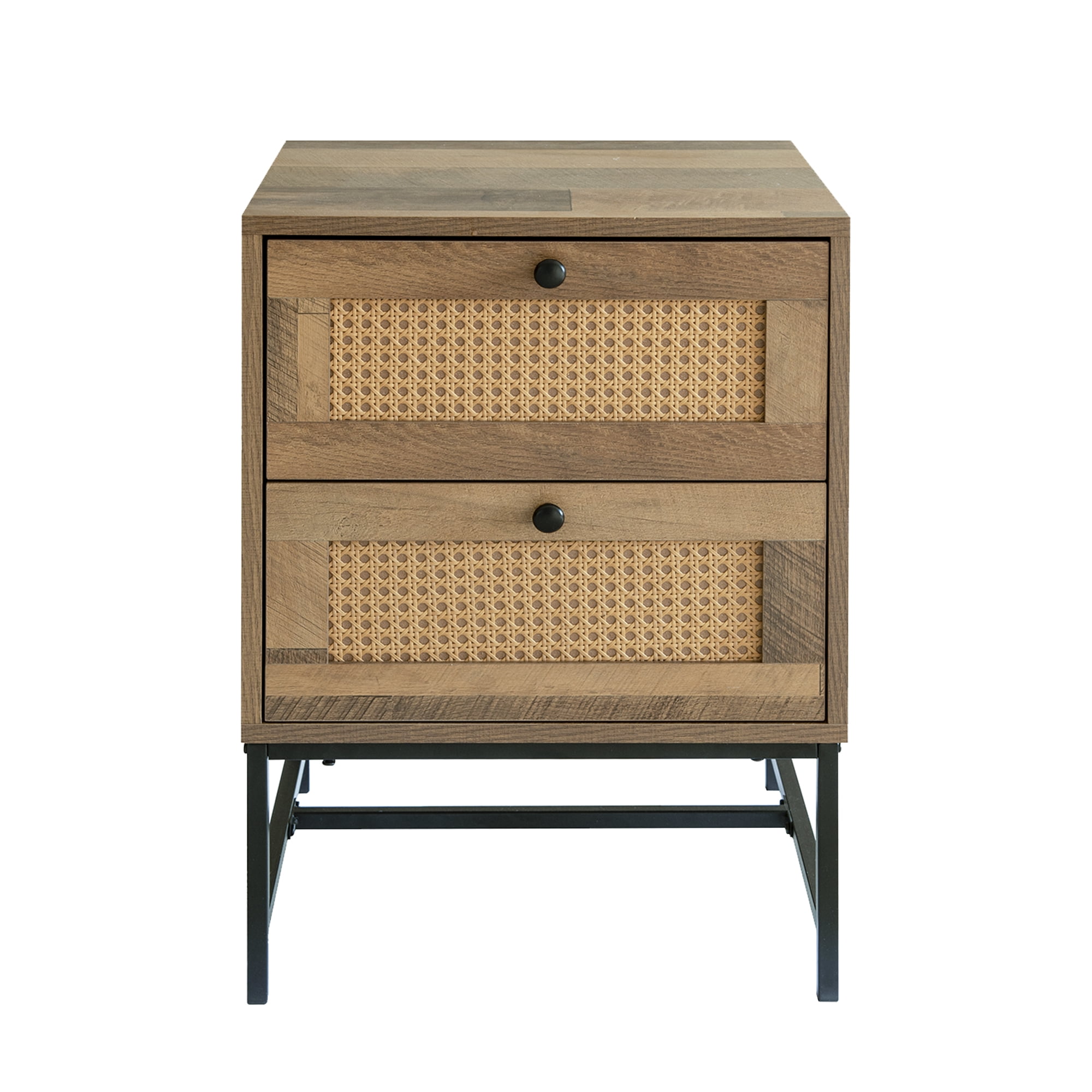Leejay 25 inch Rattan Nightstand with 2 Drawer,Black Metal End Table for Bedroom Living Room,Mix
