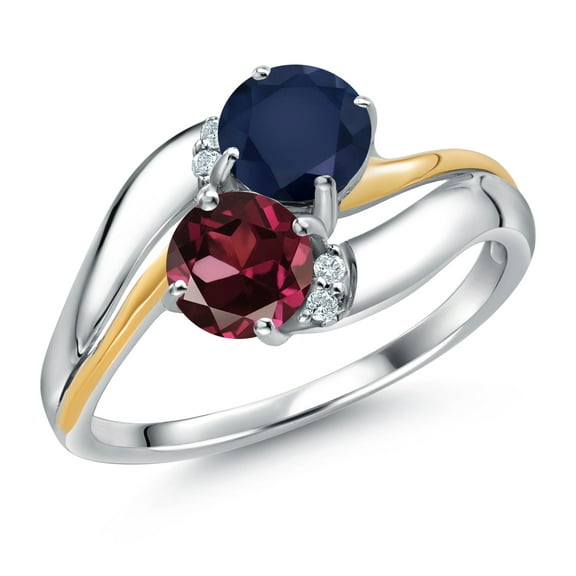 Gem Stone King 925 Sterling Silver and 10K Yellow Gold Red Rhodolite Garnet Blue Sapphire 2 Stone and Lab Grown Diamond Accent Ring for Women (1.23 Cttw, Gemstone January Birthstone, Size 5)