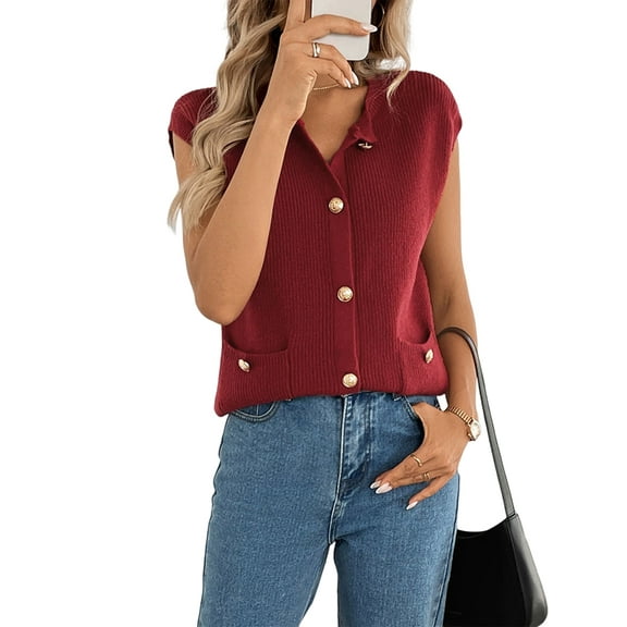 Womens Sleeveless Sweater Vest Crochet Button Down Cardigan Vests Tops 2025 Trendy Summer Casual Outfits Red L