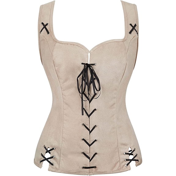 WMTBSRSW Women Renaissance Corset Tops Lace up Overbust Bustier Vintage Western Cowgirl Vest Medieval Bodice Beige M