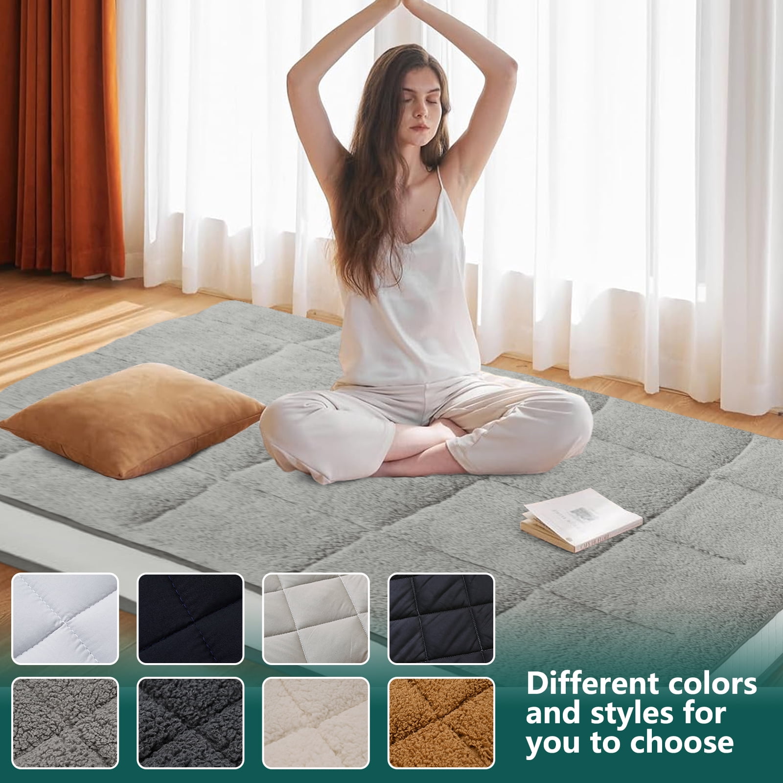 Slsy Sherpa Japanese Floor Mattress, Twin/Full/Queen Size Futon Mattress, 4'' Thicken 2 Sided Tatami Mat, Foldable Tatami Mat Portable Dormitory Sleeping Pad, Roll Up Floor Lounger Bed for Adult Child