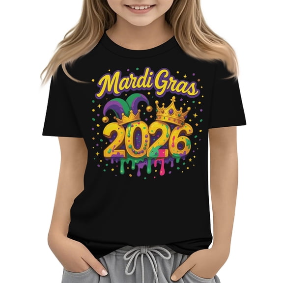 Abcomgle Mardi Gras Shirts for Kids Boys Carnival 2026 Mardi Gras Shirts for Kids Girls Crewneck Short Sleeve Tee Shirts for Girls Spring Funny Parade Blouses for Girls