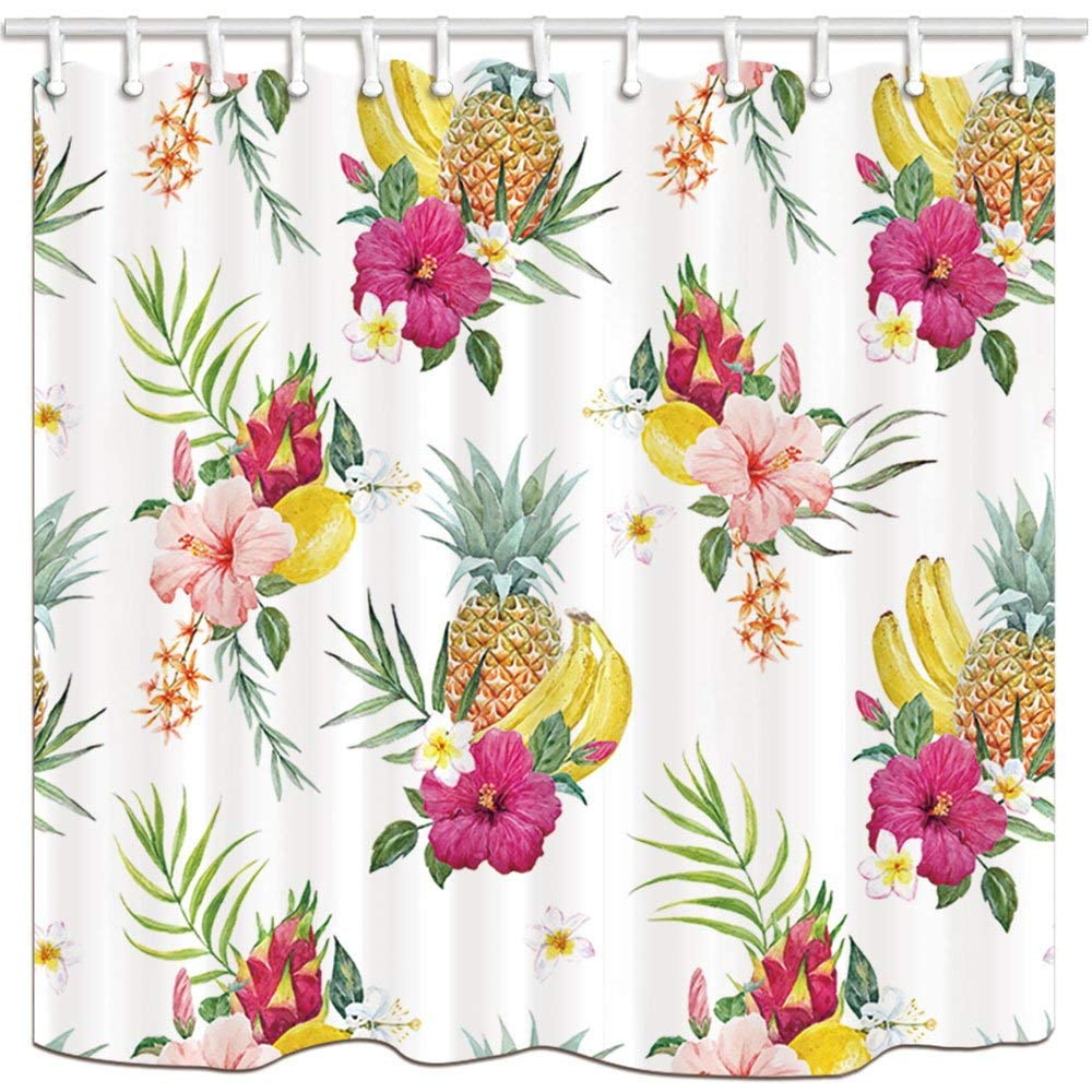 BPBOP Tropical Fruit Pineapple Banana Hibiscus Flower in Palm Leaves Polyester Fabric Bathroom