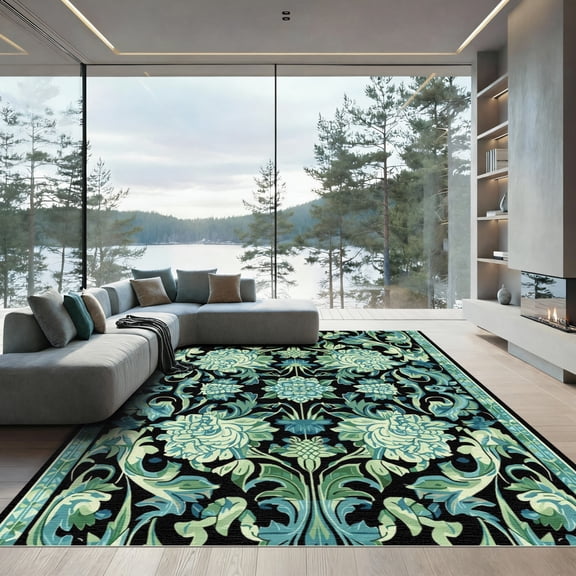 ODIKA 4'x6' Machine Washable Non-Slip Area Rug, Oriental Teal High Traffic Rug, Black, 1079219