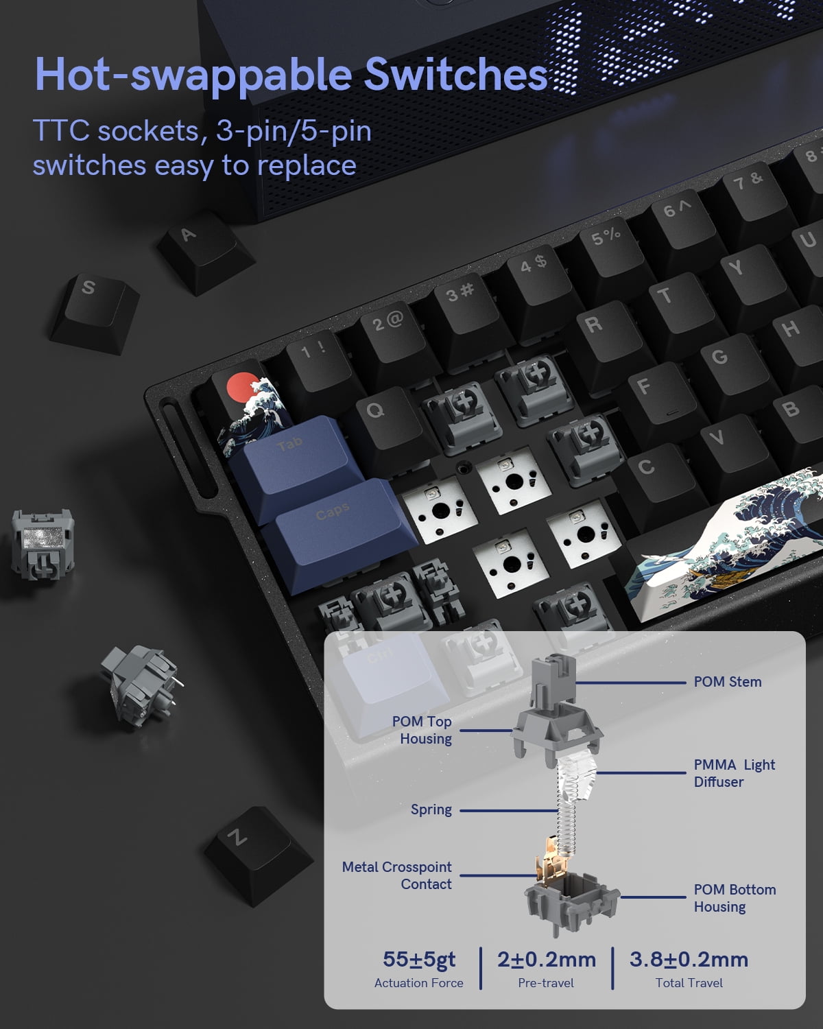 SK68 65% Gaming Keyboard, Wired Backlit Mini Keyboard w/100% Hot-Swap Socket 68 Keys Aluminum Gaming Wired Keyboard for PC Laptop Game