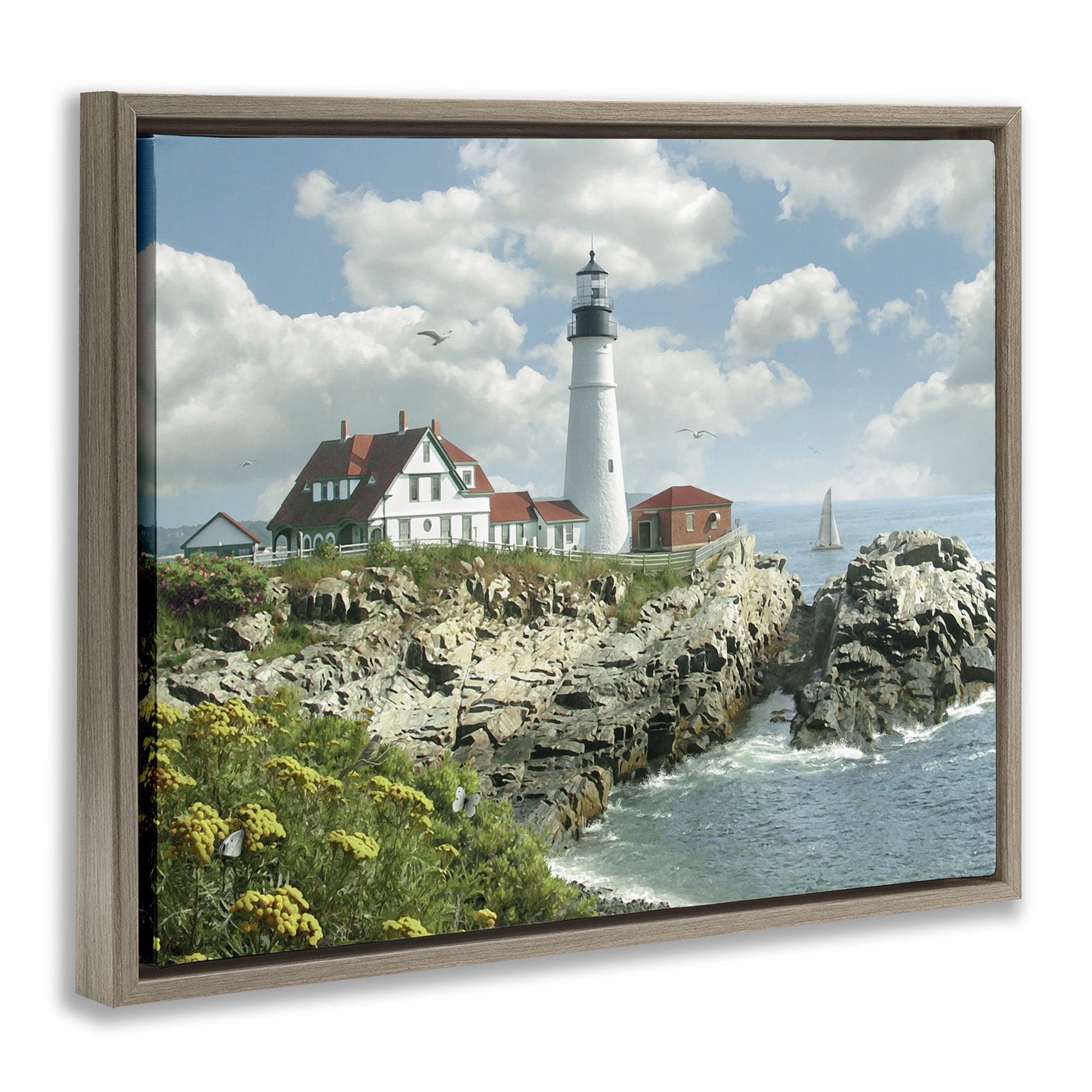 Stupell Industries Portland Lighthouse Peninsula Scene Landscape Painting Brown Floater Framed Canvas Art Print Wall Art, 31 x 25