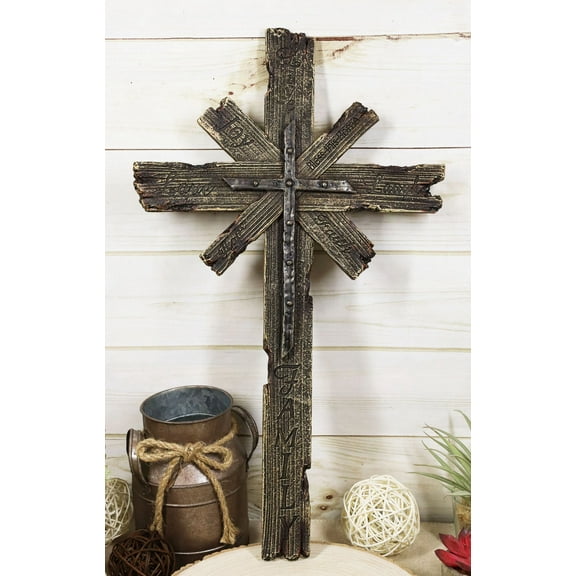 Rustic Faux Wood Inspirational Words Faith Love Hope Multi Layered Wall Cross