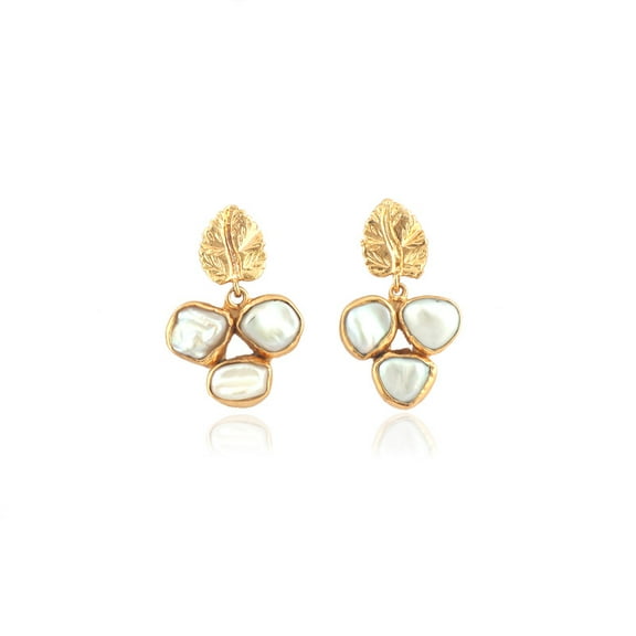 Freshwater Pearl Gemstone With Gold-plated Leaf Earring for women, Three Stone Earring Gift For Her