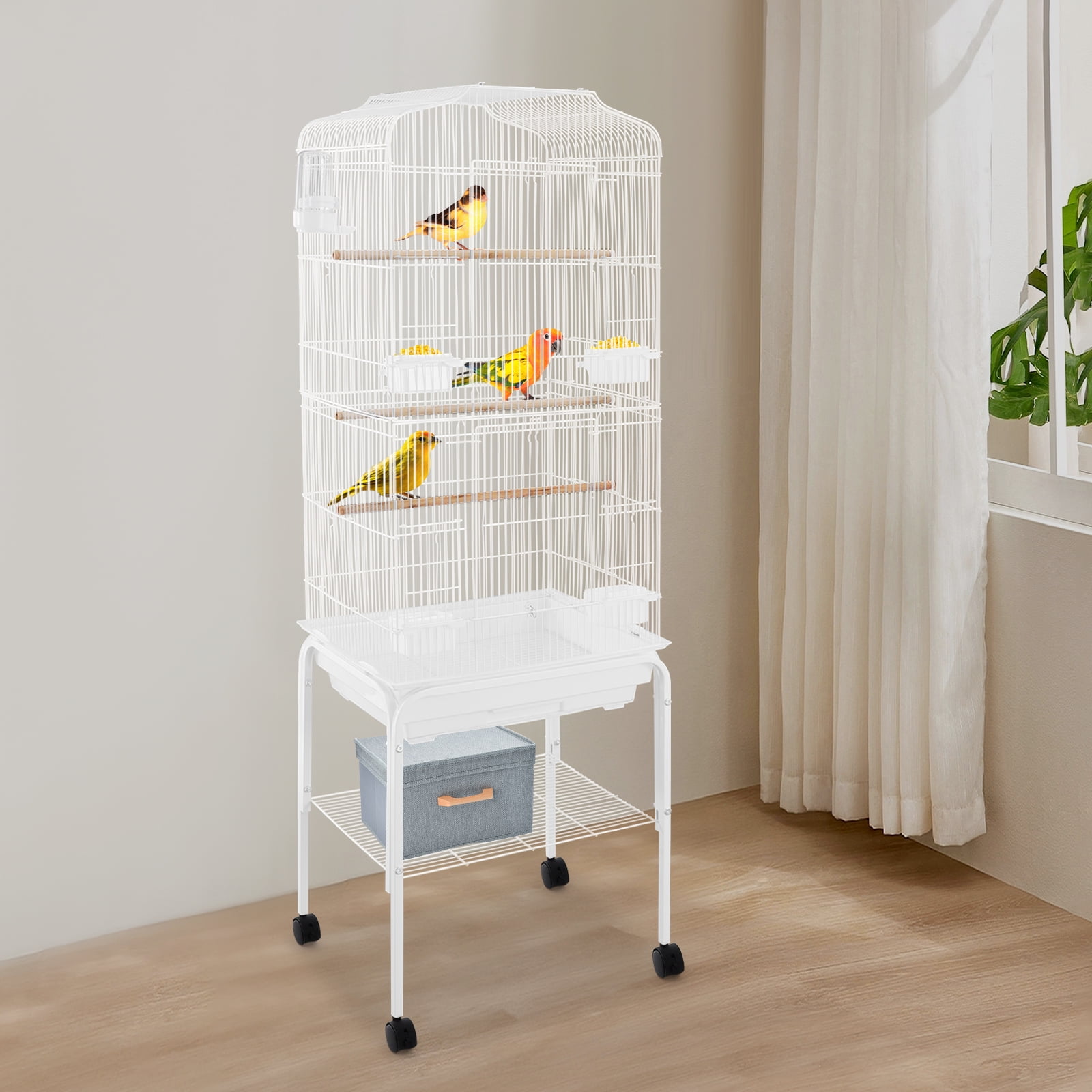 Bird Cage with Stand White 54inch Double Bird Cage Wrought Iron Birdcages with Wheels, Removable Tray Metal Bird Cage Stand with Storage Shelf for Cockatiels, Parakeets, Lovebirds, Finches