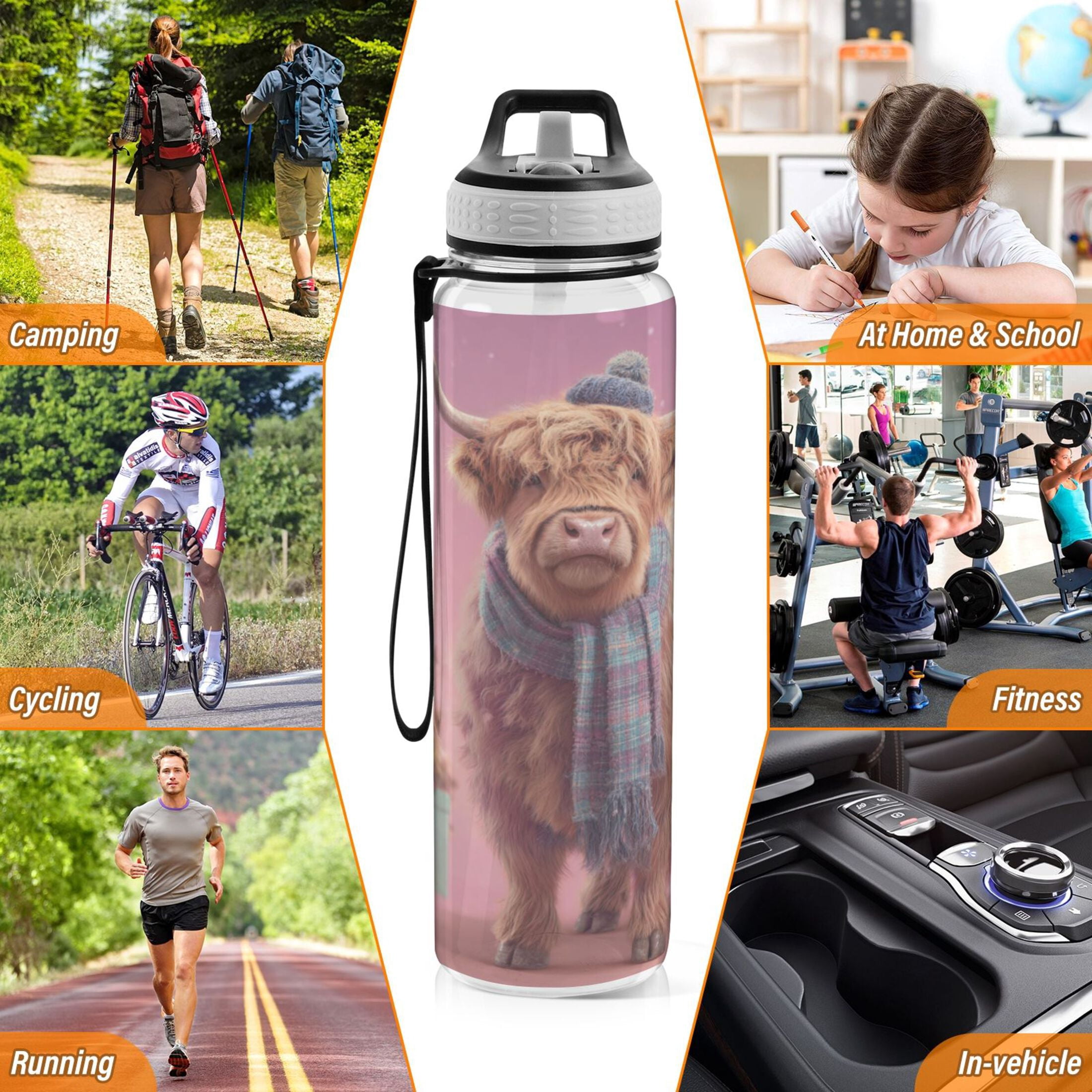 1000ML Transparent Sports Water Bottle with Handle & Straw Portable Water Bottle for Outdoor Camping Gym Cow Wearing Christmas