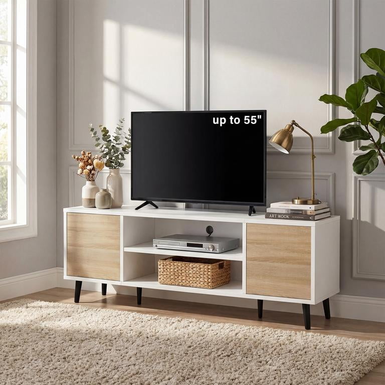 Vineego TV Stand for 55 Inch TV with 2 Push-to-Open Doors, Mid-Century Modern Media Console with Open Shelves, Entertainment Center for Living Room Bedroom, Beige & White
