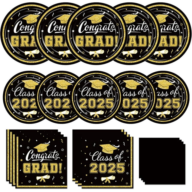 Graduation Party Supplies Kit Serves 50 - Graduation Party Black Class of 2025 Tableware Disposable Dinner Plates Dessert Plates and Napkins for Congrats Grad Party Decorations