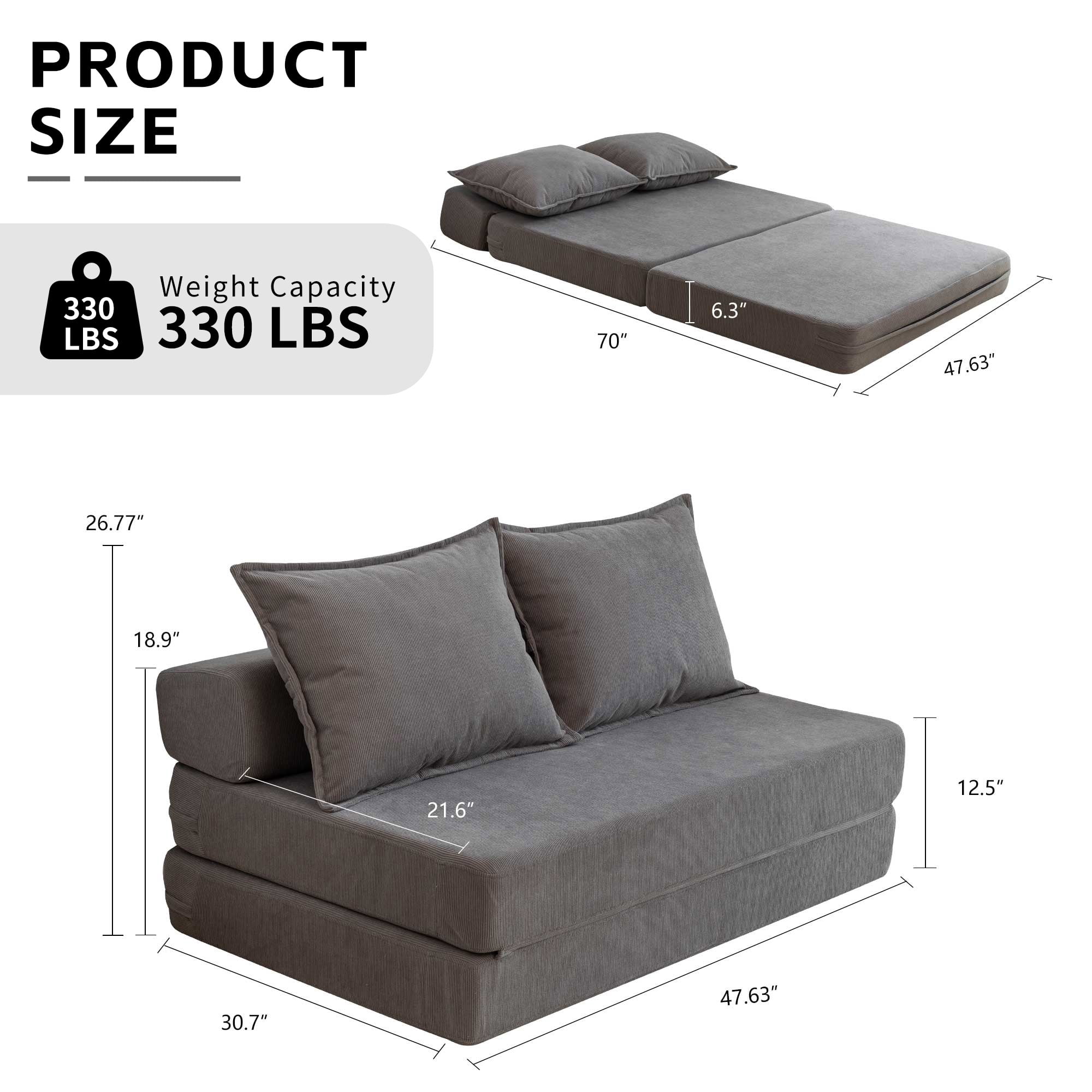 Aukfa Twin Folding Sofa Bed Sleeper Chair with Pillows, Corduroy Convertible Floor Couch Mattress for Living Room, Dorm, Guest Room, Gray