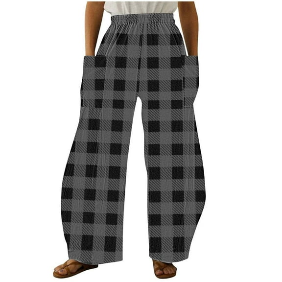 Ashirexll Pants for Women, Wide Leg Pants Woman, Fashion Plaid Printed Loose Casual Pants Summer Elastic Waist and Wide Leg Pants with Pockets