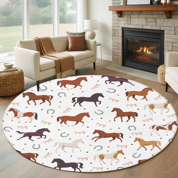 Beige Brown Horses Round Area Rug 5Ft Washable Circle Rugs for Living Room Bedroom, Horseshoes Farmhouse Abstract Art Non-Slip Carpet Floor Mats Indoor Outdoor Carpet Runner Aesthetic Home Decor