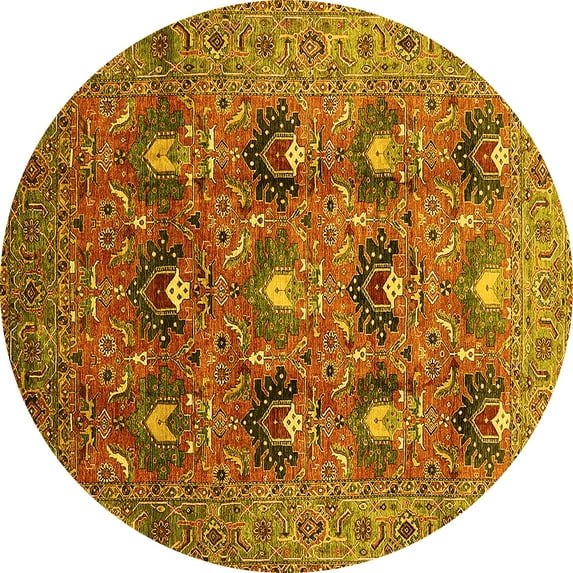 Ahgly Company Machine Washable Indoor Round Oriental Yellow Industrial Area Rugs, 7' Round