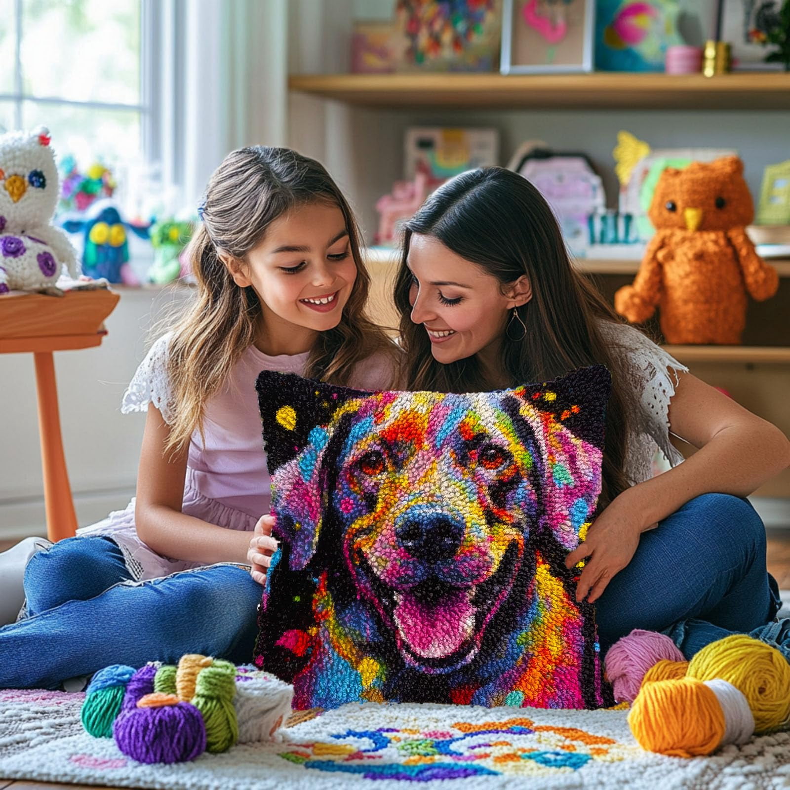 Colorful Labrador Retriever DIY Latch Hook Pillow Kits for Adults Printed Pillowcase Crochet Yarns Hooking Handmade Pillow Cover Cushion for Home Sofa Decoration 17x17inch(2)