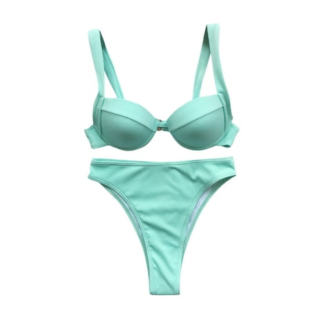

VKEKIEO Two-Piece Sets Swimsuit Sport Bra Style Soft Cup Blue L