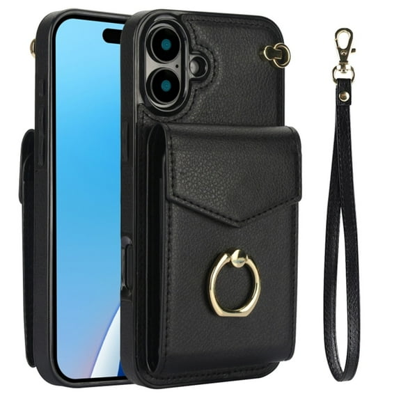 For iPhone 16 Case Premium PU Leather Accordion Folding Wallet &Card Holder With RFID Shielding Material Phone Case ，with Adjustable Ring Holder And Wristband,black,For iPhone 16