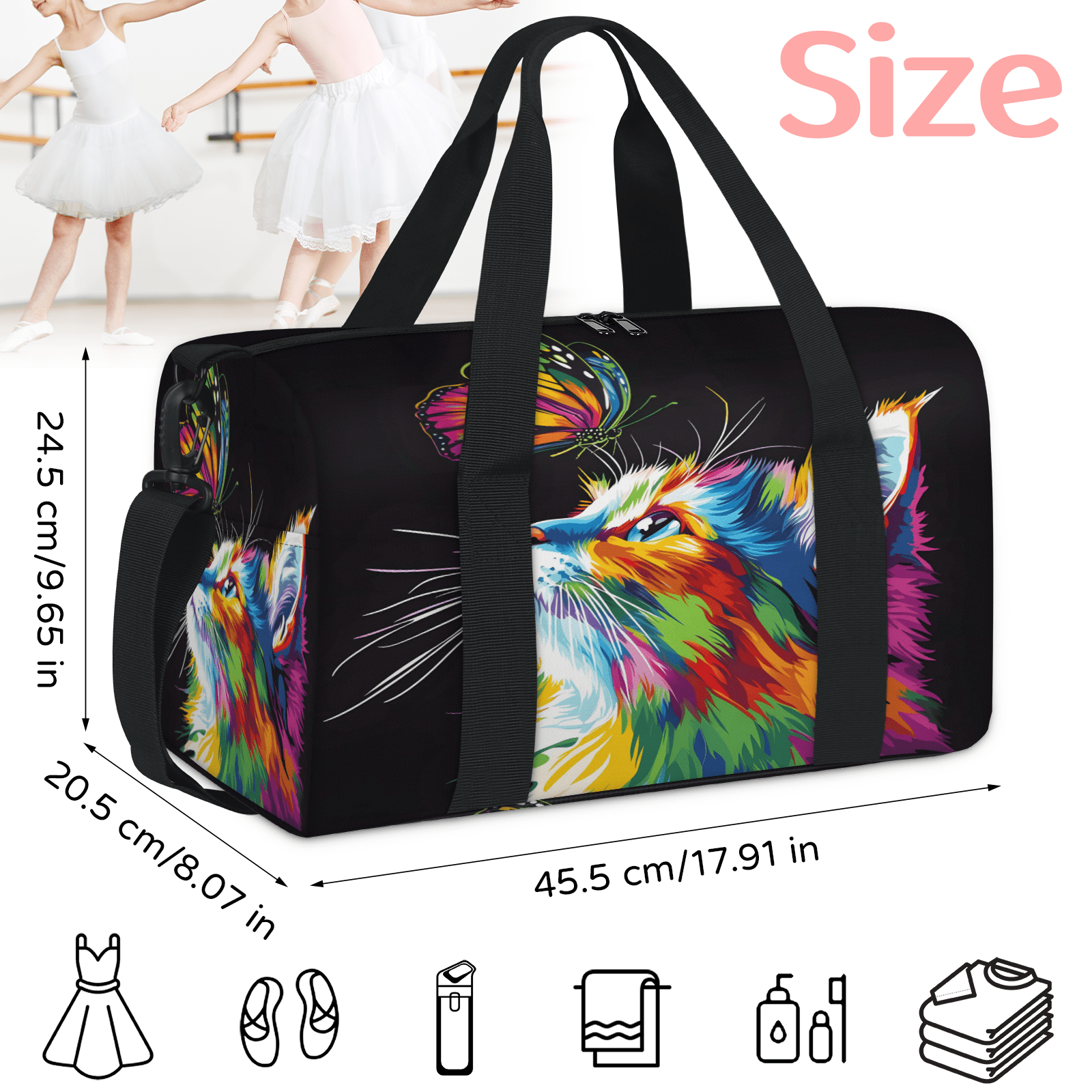 Herdesigns Cat Gym Bag for Women, Butterfly Duffle Bag for Travel Sport, Lightweight Waterproof Carry on Weekender Overnight Dance Yoga Workout Bags