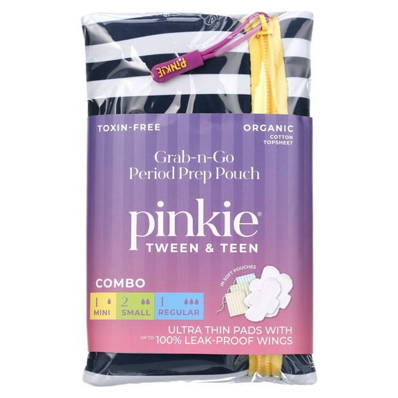 First Period Pinkie Prep Pouch Variety Pack, 4 Ultra Thin Organic Cotton Topsheet Pads - Mini, Small and Regular with Wings