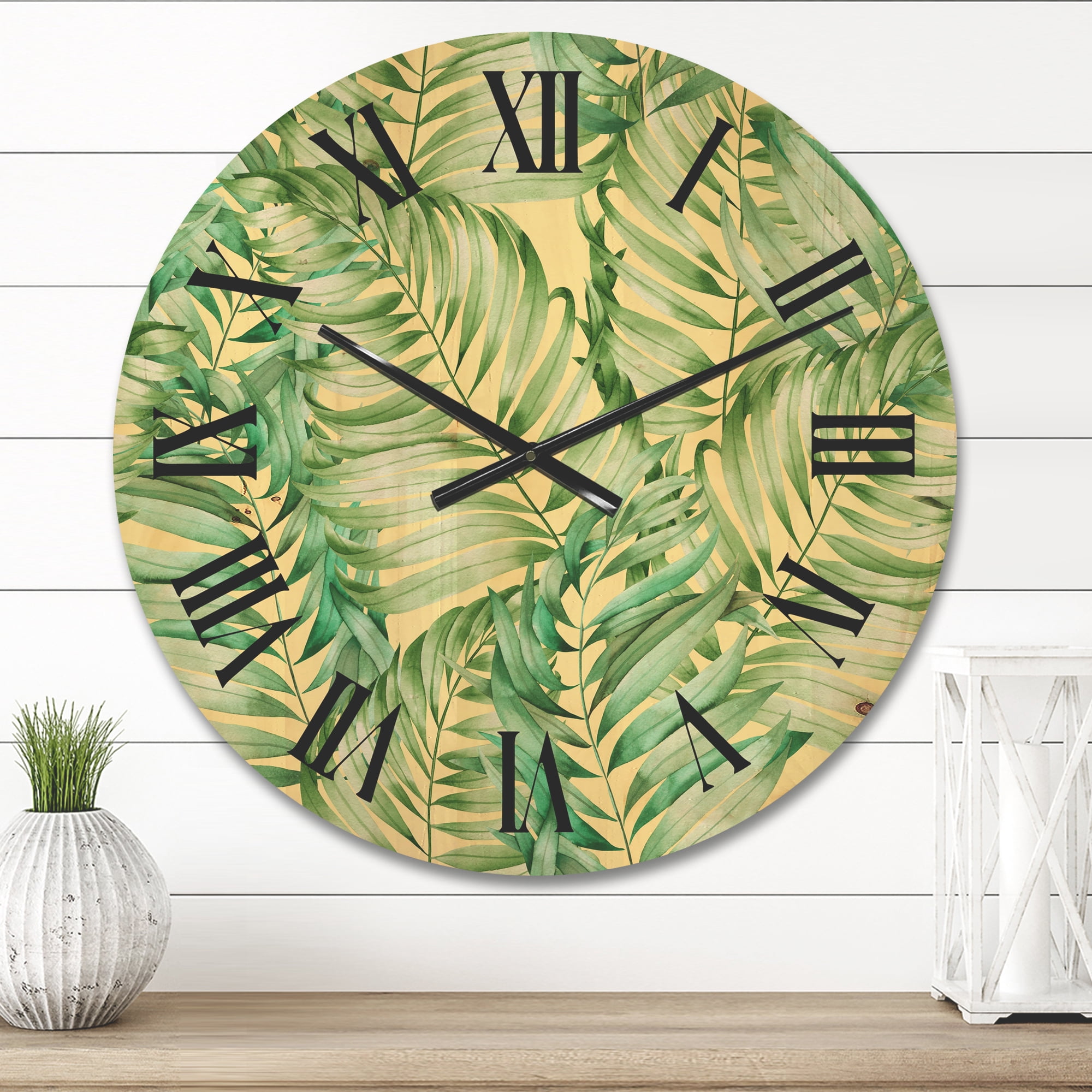 Designart 'Tropical Green Leaves of Monstera' Tropical Wood Wall Clock