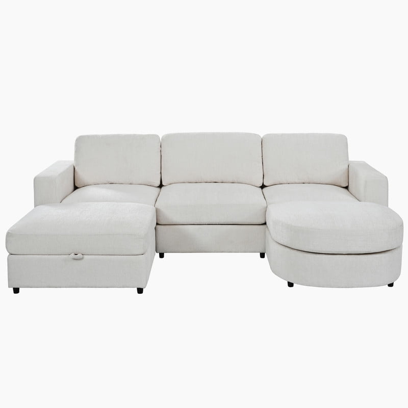 102.4" U-Shaped Modular Sectional Sofa with 2 Movable Ottomans, Chenille Fabric Couch with Storage Ottoman, Drop-Down Console with 2 Cup Holders, Solid Pine Wood Frame for Living Room