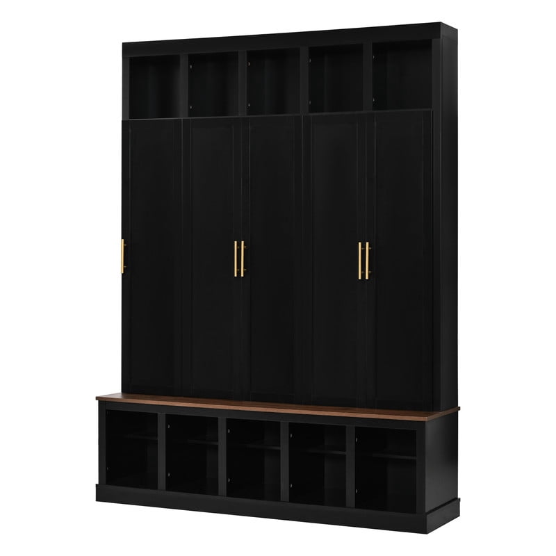 Farmhouse Hall Tree with 5 Doors and Top Storage Compartments, Entryway Coat Rack with Hooks, Mudroom Bench with Shoe Cubbies for Hallway Living Room