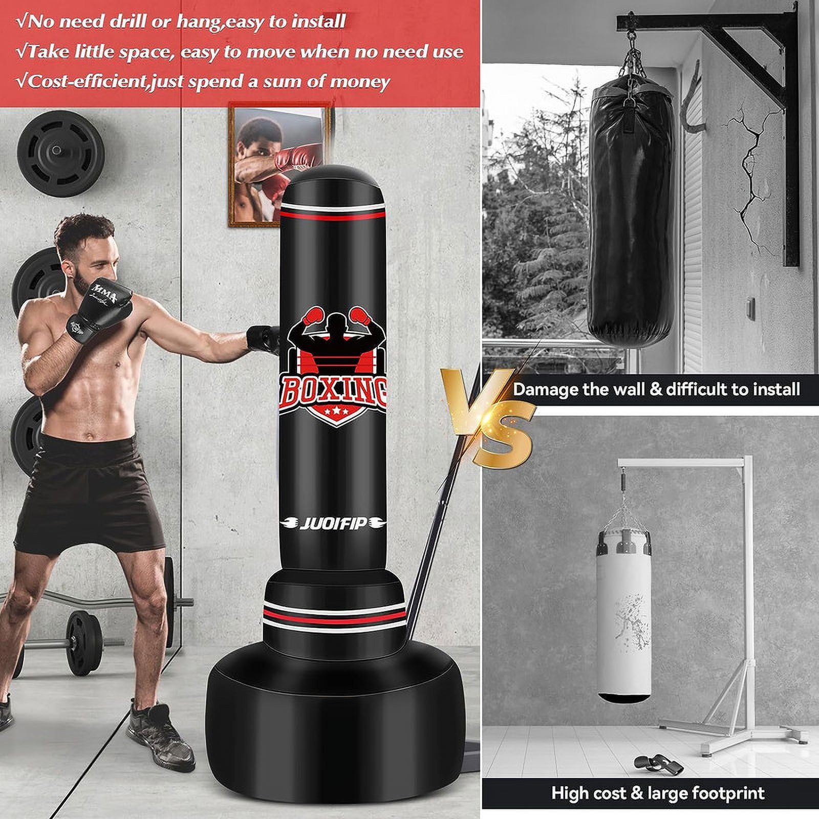 JUOIFIP Freestanding Heavy Punching Bag Set with Gloves, Red