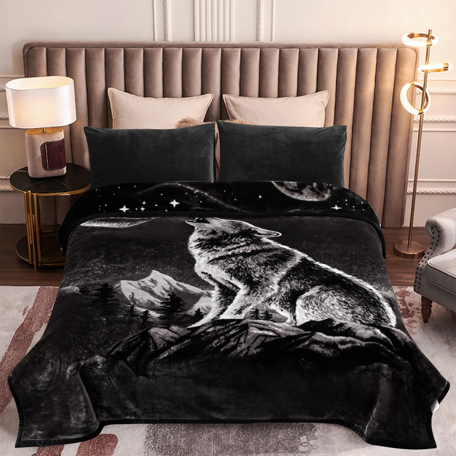 MERRY HOME Full/Queen Size Fleece Blanket For Bed, A & B Patterns Soft Warm Animal Blanket, Microfiber Plush Middle Weight Bed Blanket For All Season, Moon Wolf /Wolf, 5LB, 75"x87"