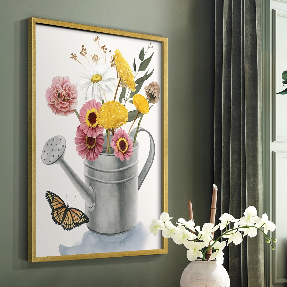 Watering Can Bouquet I Framed Print in Gold Solid Wood 8 x 10 Framed Print