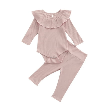 

0-24M Infant Baby Newborn Girl Solid Outfits Long Sleeve Peter Pan Collar Tops Elastic Pants Ribbed Clothes Set